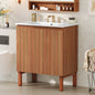 30' Modern Bathroom Vanity with Ceramic Sink, Vintage Minimalist Bathroom Vanity Cabinet, 45 Degrees Free-Handle Design Doors, Vertical Stripe Design Bathroom Vanity with Large Storage Space, Natural