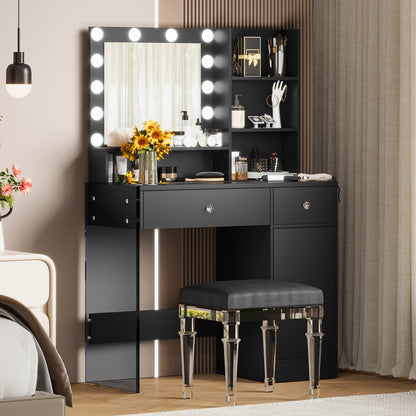 Vanity Desk with Mirror and 3 Lighting Modes, Makeup Vanity with Glass Top and Storage Shelves, Dressing Table with 2 Drawers and Cabinet, Black