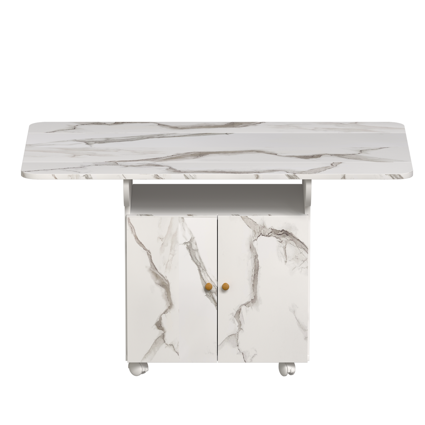 Versatile 47' White Marble MDF Folding Dining Table with Storage Rack and Cabinet, 6 Wheels