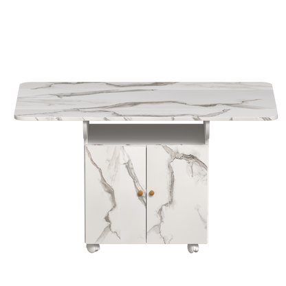 Versatile 47' White Marble MDF Folding Dining Table with Storage Rack and Cabinet, 6 Wheels