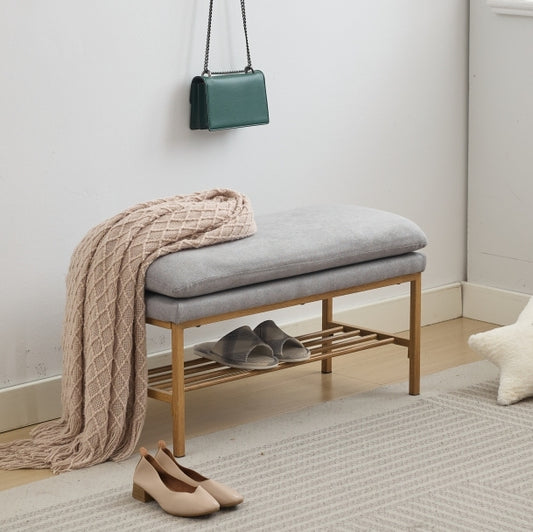 End of Bed Bench with Shelf, Linen Upholstered Storage Shoe Bench, Modern Bedroom Bench with Metal Legs for Living Room, Entryway, Dining Room, 300 LB, Linen Color(Gray)