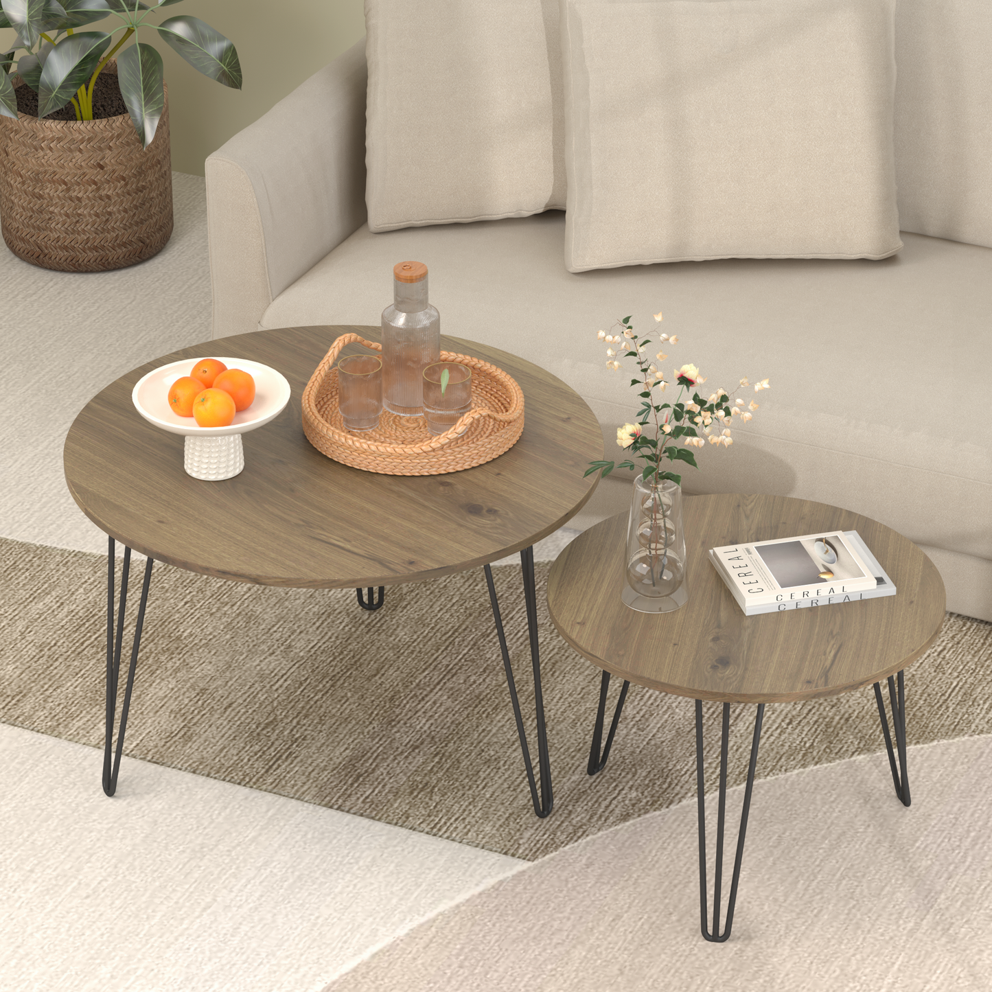 27.56'' Round Nesting Coffee Table Set of 2, Circular Nesting End Table Set, Round Wooden Tabletop, and Sturdy Metal Base for Living Room, bedroom, Brown