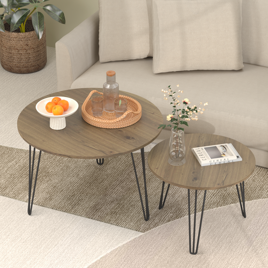 27.56'' Round Nesting Coffee Table Set of 2, Circular Nesting End Table Set, Round Wooden Tabletop, and Sturdy Metal Base for Living Room, bedroom, Brown