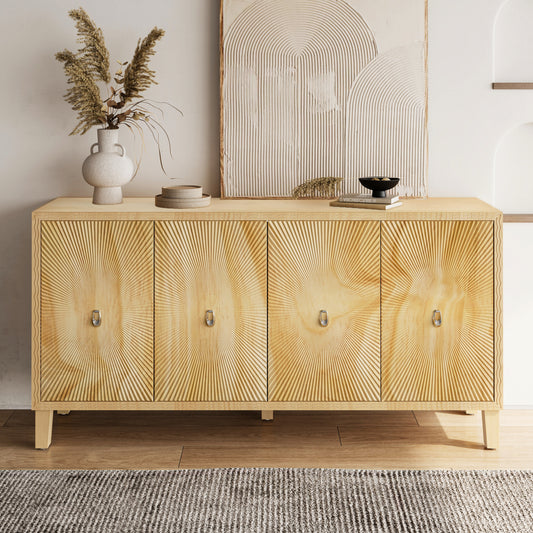 Vintage 4 Door Storage Cabinet, Carved Scatter Pattern Dining Sideboard, Large Buffet with Adjustable Shelves, Multifunctional Accent Cabinet Living Room Console Cabinet (Natural)