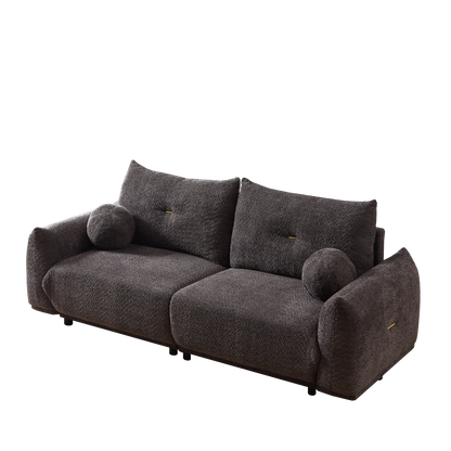 Mid-Century Modern Lamb's Wool 2-Seater Cushion Sofa in Gray Fabric with Cushions and Ball Pillows