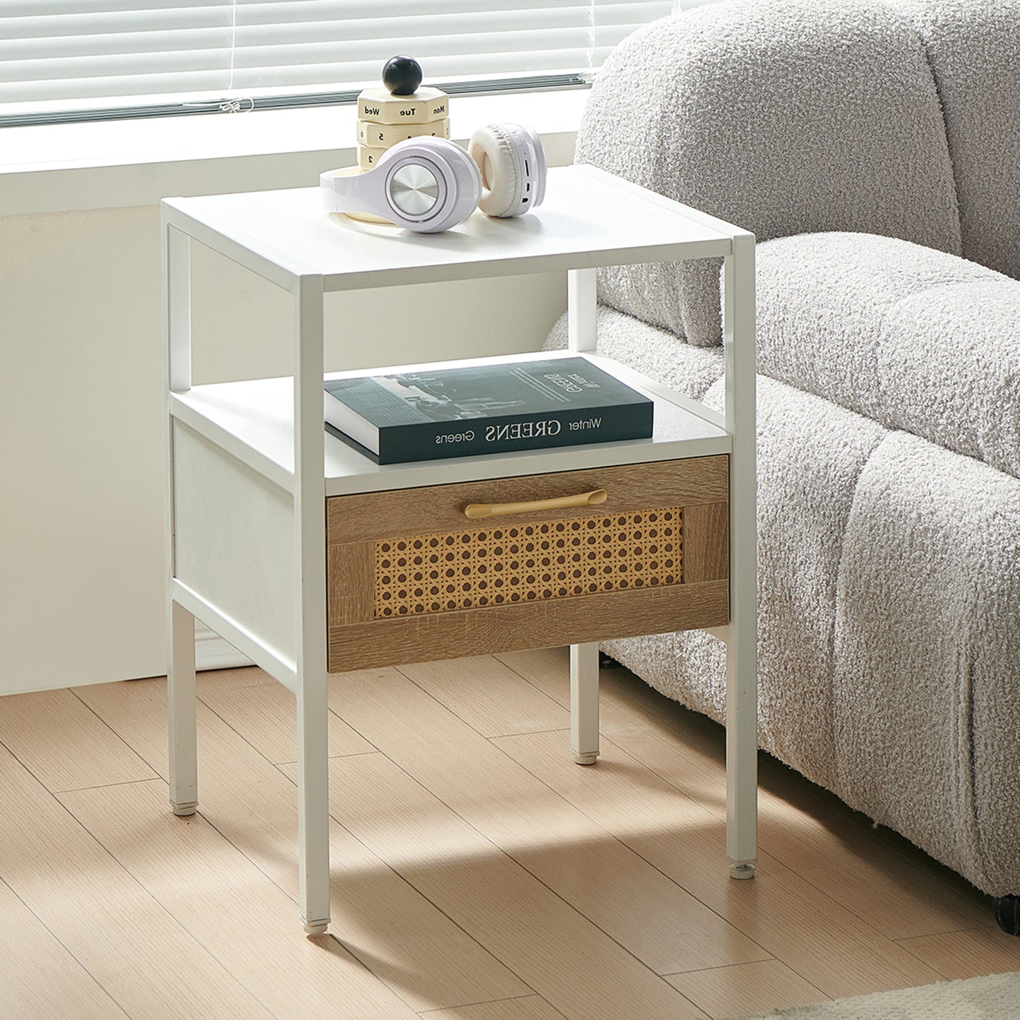 15.75' Rattan End table with  drawer, Modern nightstand, metal legs,side table for living room, bedroom,white(1 pc)