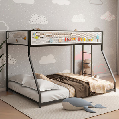 Adam Twin Full Bunk Bed Metal Black with White Mesh Guard Rail for Kids and Adult, Low Profile and Easy Climbing with Stable Ladder