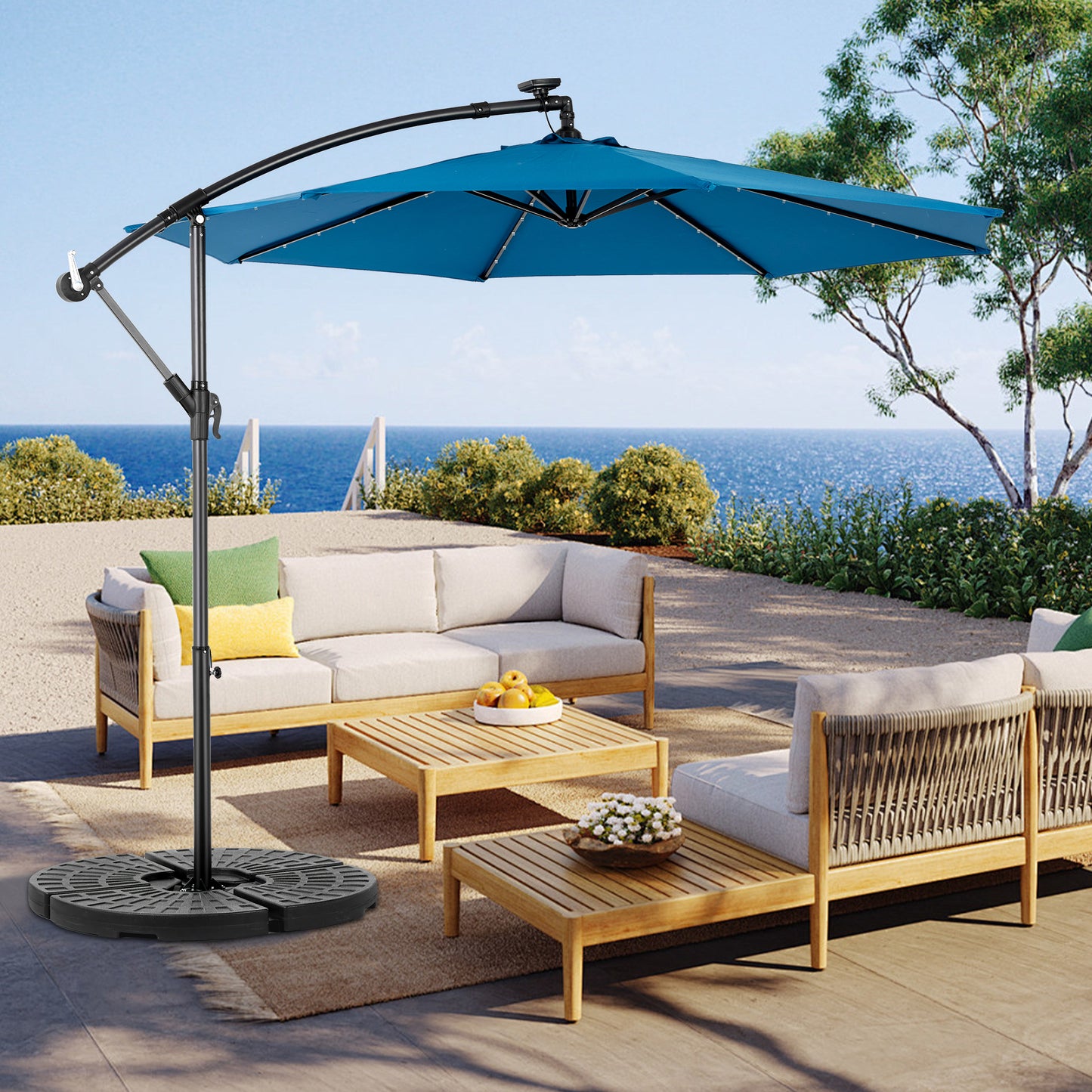 10ft Solar LED Offset Hanging Market Patio Umbrella  ( Dark blue)(No Base)