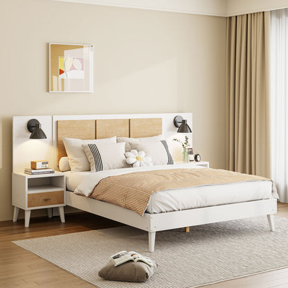Queen Size Solid Wood Bed Frame with 2 Nightstands, Elegant Design with Lamps, Rattan and Wood Combination,White