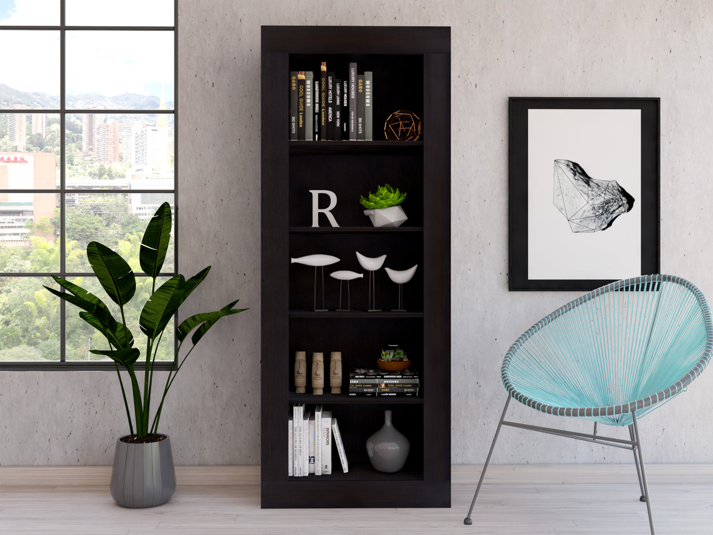 Bookcase with Vertical Design and 5 Storage Shelves, Black
