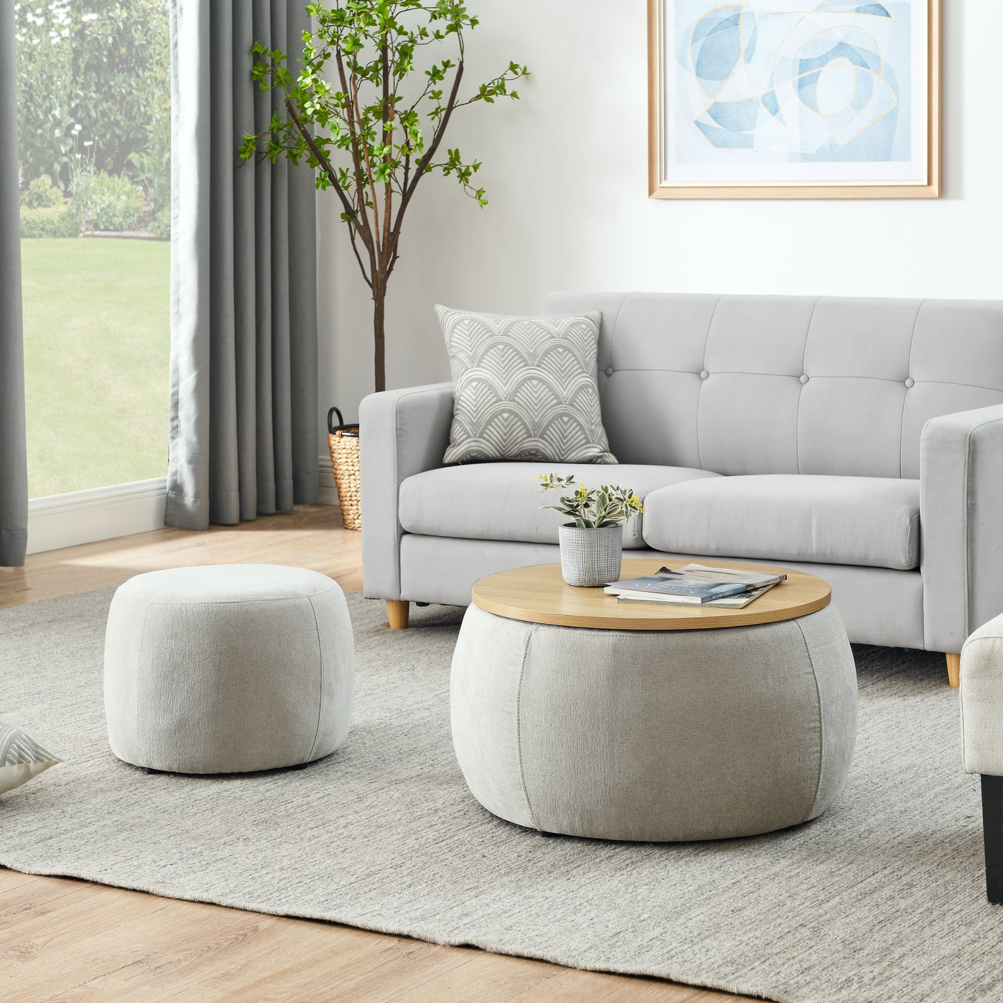 Round Storage Ottoman, 2 in 1 Function, Work as End table and Ottoman,with small seat,Light grey(25'x25'x14.7')