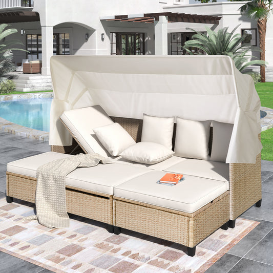 TOPMAX 4 Piece UV-Proof Resin Wicker Patio Sofa Set with Retractable Canopy, Cushions and Lifting Table,Beige