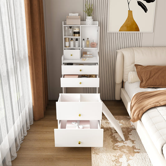 3-in-1 Dressing Table with LED Mirror & Storage Stool - Compact Makeup Vanity with 4 Drawers, Storage Cabinet & Hidden Stool, White Density Board Design, Open Bookshelf for Bedroom Organization
