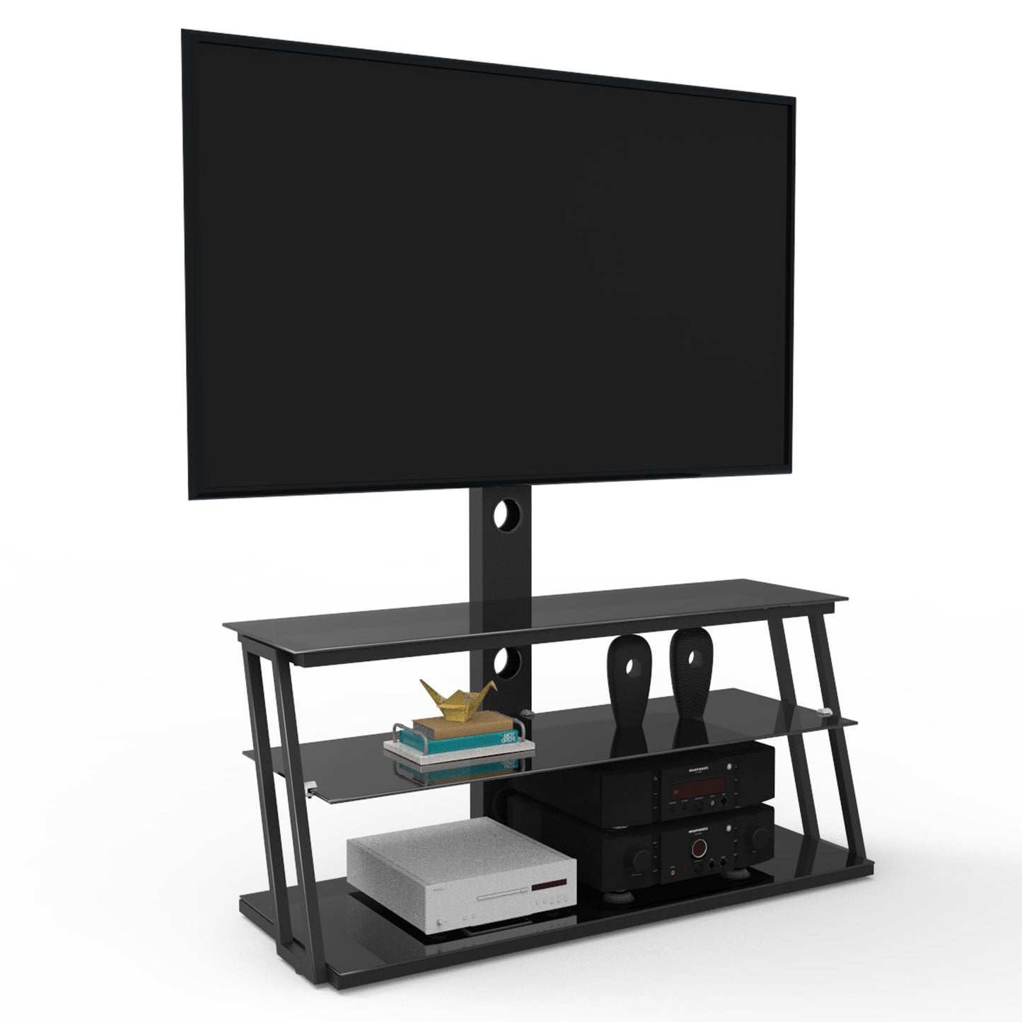 Multi-Function Adjustable TV Stand Black Tempered Glass