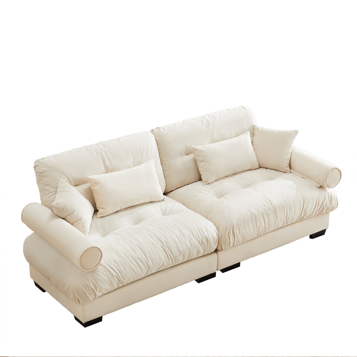 Modern Velvet Two-seater Sofa with Bolstered Armrests and Pillows in Cream