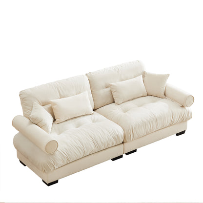 Modern Velvet Two-seater Sofa with Bolstered Armrests and Pillows in Cream