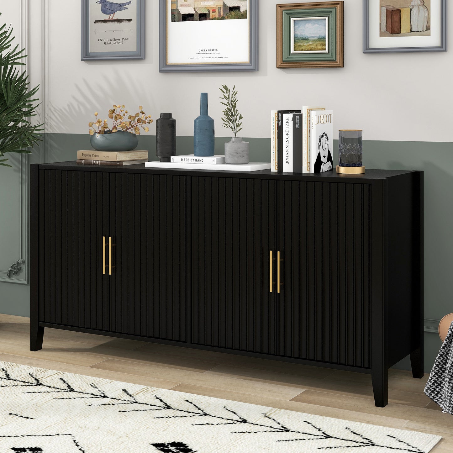U_Style 63.1''Modern 4-Vertical Wavy Slatted Doors Sideboard,Storage Cabinet With Adujustable Shelf, Solid Wood Legs with Painted,Metal Handles,for Dining Room,Living Room, Kitchen, or Entryway(Black)