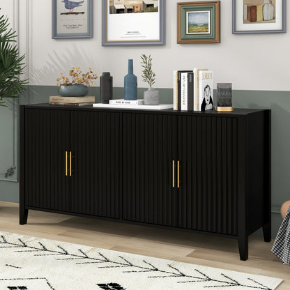 U_Style 63.1''Modern 4-Vertical Wavy Slatted Doors Sideboard,Storage Cabinet With Adujustable Shelf, Solid Wood Legs with Painted,Metal Handles,for Dining Room,Living Room, Kitchen, or Entryway(Black)