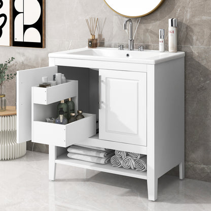 30' Bathroom Vanity with Sink, Multi-functional Bathroom Cabinet with Doors and Drawers, Solid Frame and MDF Board, White