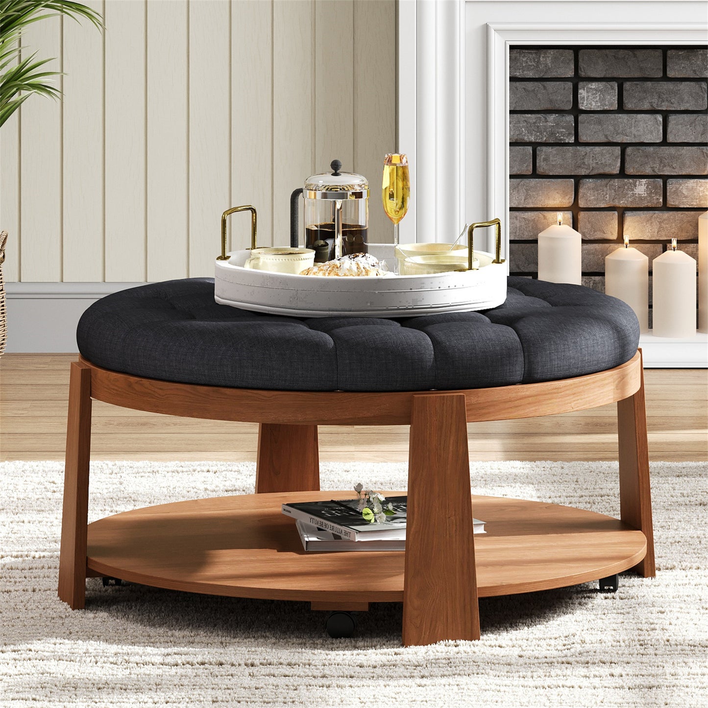 Modern Large Round Ottoman Coffee Table 2-Tier Oversized Button Tufted Ottoman with Wood Shelf Storage Upholstered Coffee Table for Living Room Footrest Ottoman with wheel, waterproof Linen