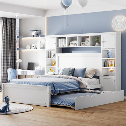 Full Size Wooden Bed With All-in-One Cabinet, Shelf and Sockets,Twin Size Trundle, White
