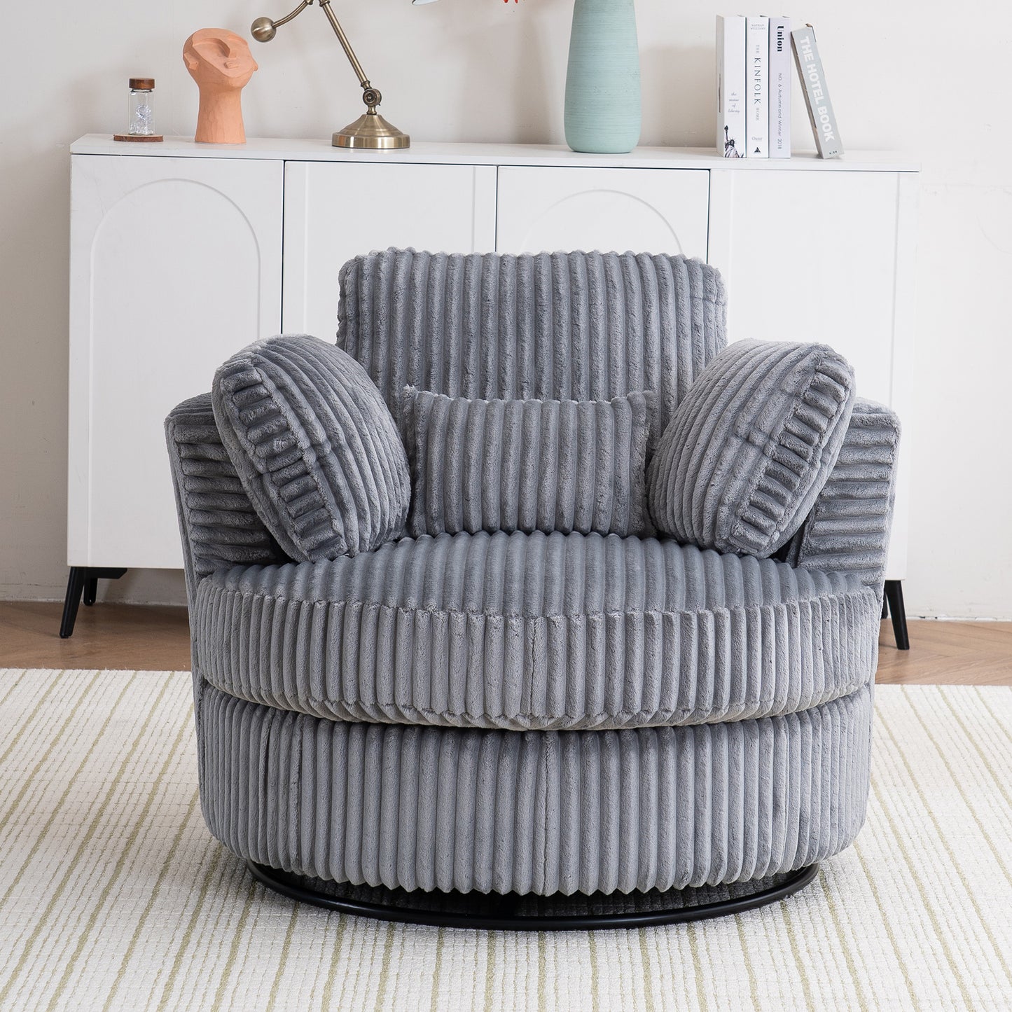 Oversized 360 Degreed Swivel Accent Chair Modern Soft Plush Corduroy Round Barrel Chair for Living Room Bedroom with Pillows, Gray