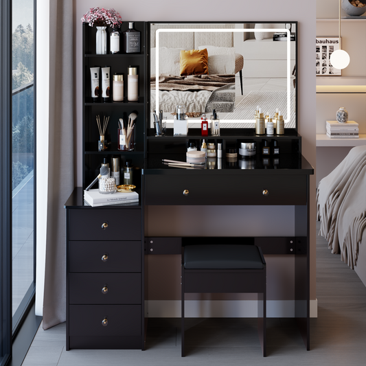 41' Large Size Left Bedside Cabinet Vanity Table+Cushioned Stool, Extra Large Touch Control LED Mirror, 3-color Switch, Multi Layer High Capacity Storage Fashionable Dresser, Suitable For Large Space