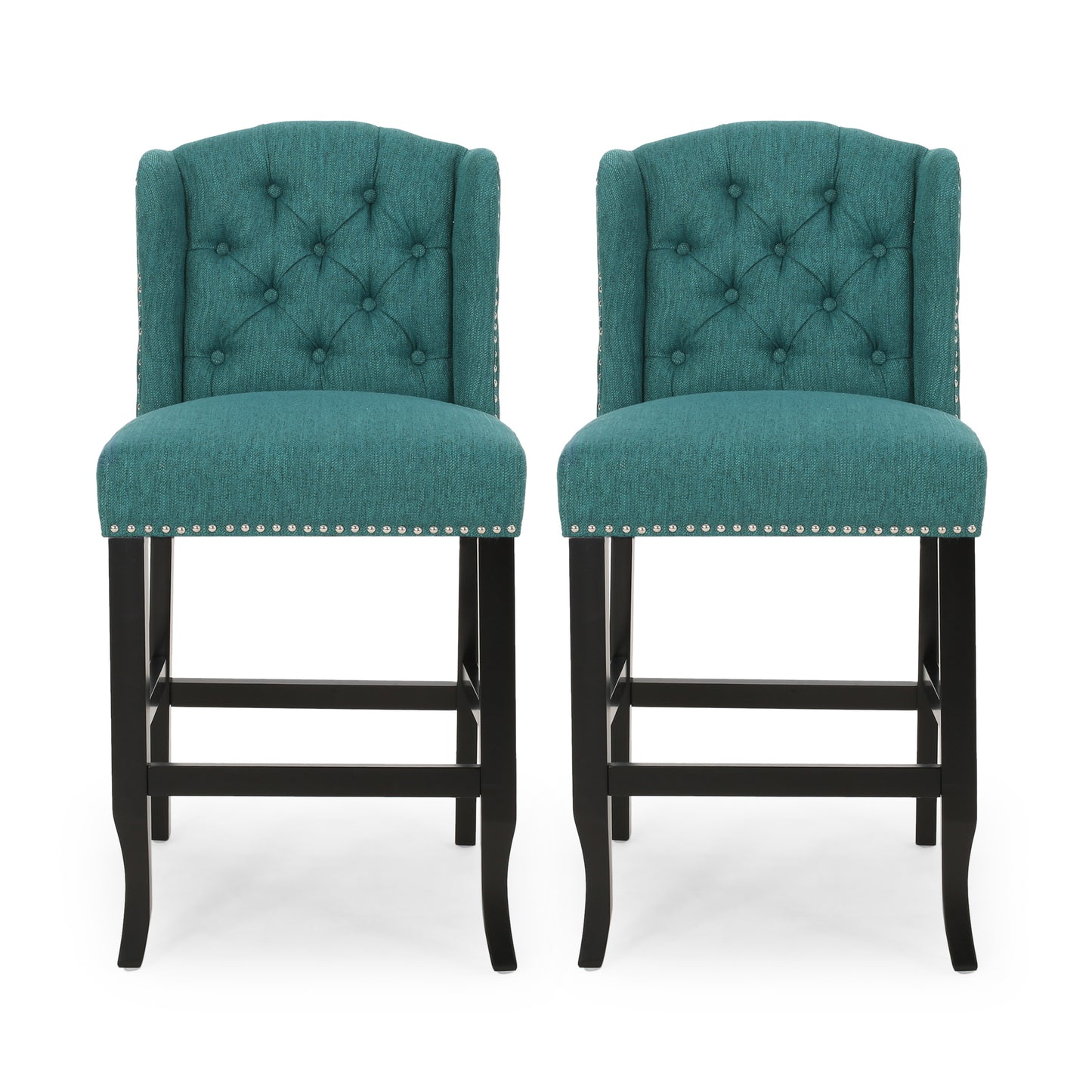 Solara Fabric Tufted Counter Stool with Nailhead Accents, Set of 2, Teal