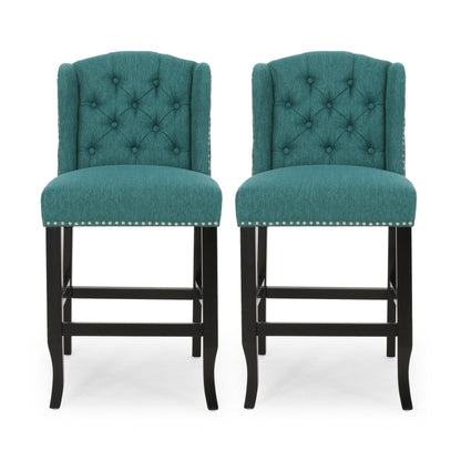 Solara Fabric Tufted Counter Stool with Nailhead Accents, Set of 2, Teal