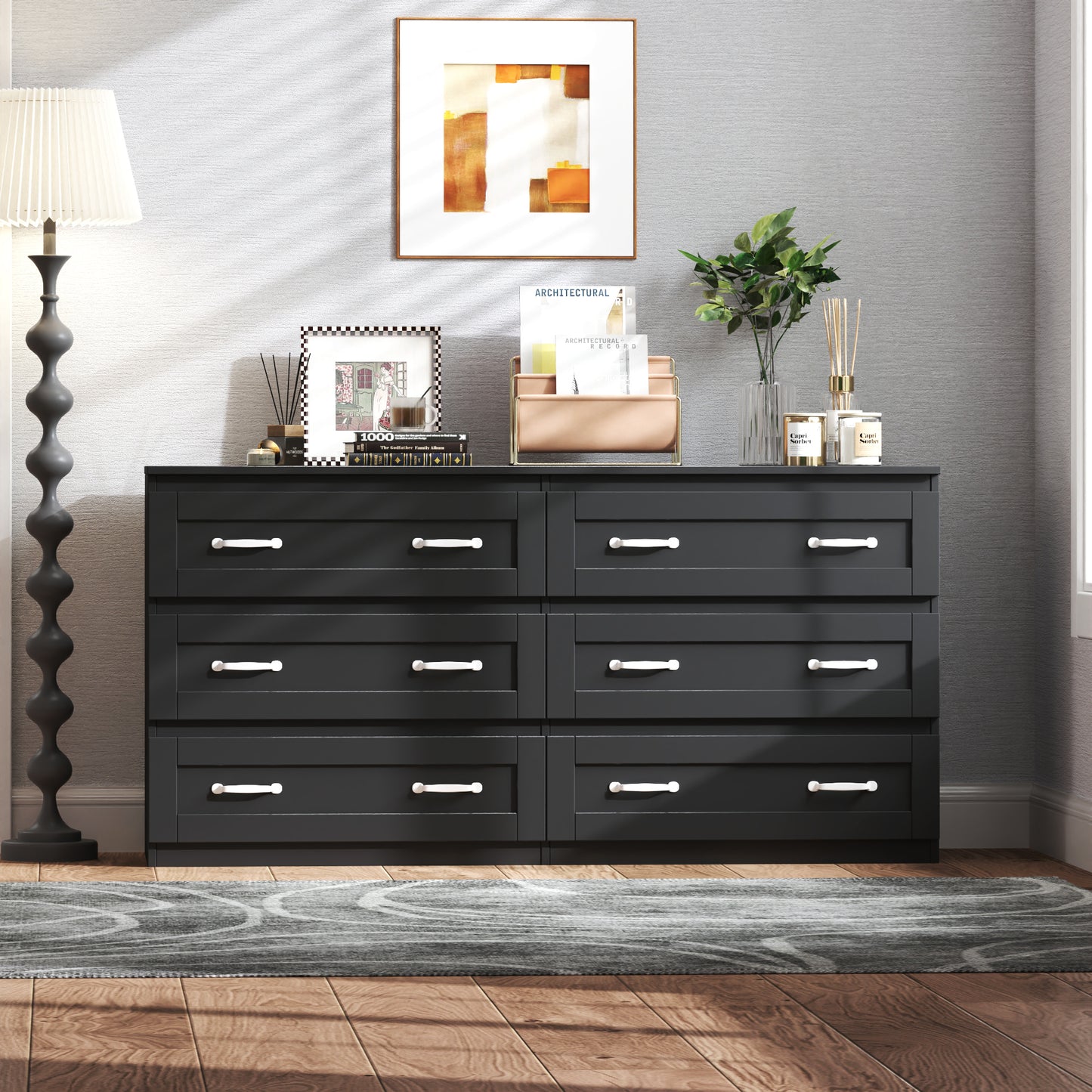 Modern black side cabinet with 6 drawers ,  Wood Chest of Drawers with Metal Handle,  Storage Organizer for Living Room , Bedroom or Hallway, Black