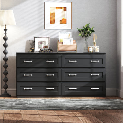 Modern black side cabinet with 6 drawers ,  Wood Chest of Drawers with Metal Handle,  Storage Organizer for Living Room , Bedroom or Hallway, Black