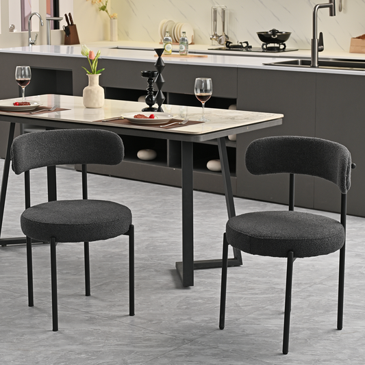 Grey Boucle Dining Chairs Set of 2,Mid-Century Modern Curved Backrest Chair,Round Upholstered Kitchen Chairs