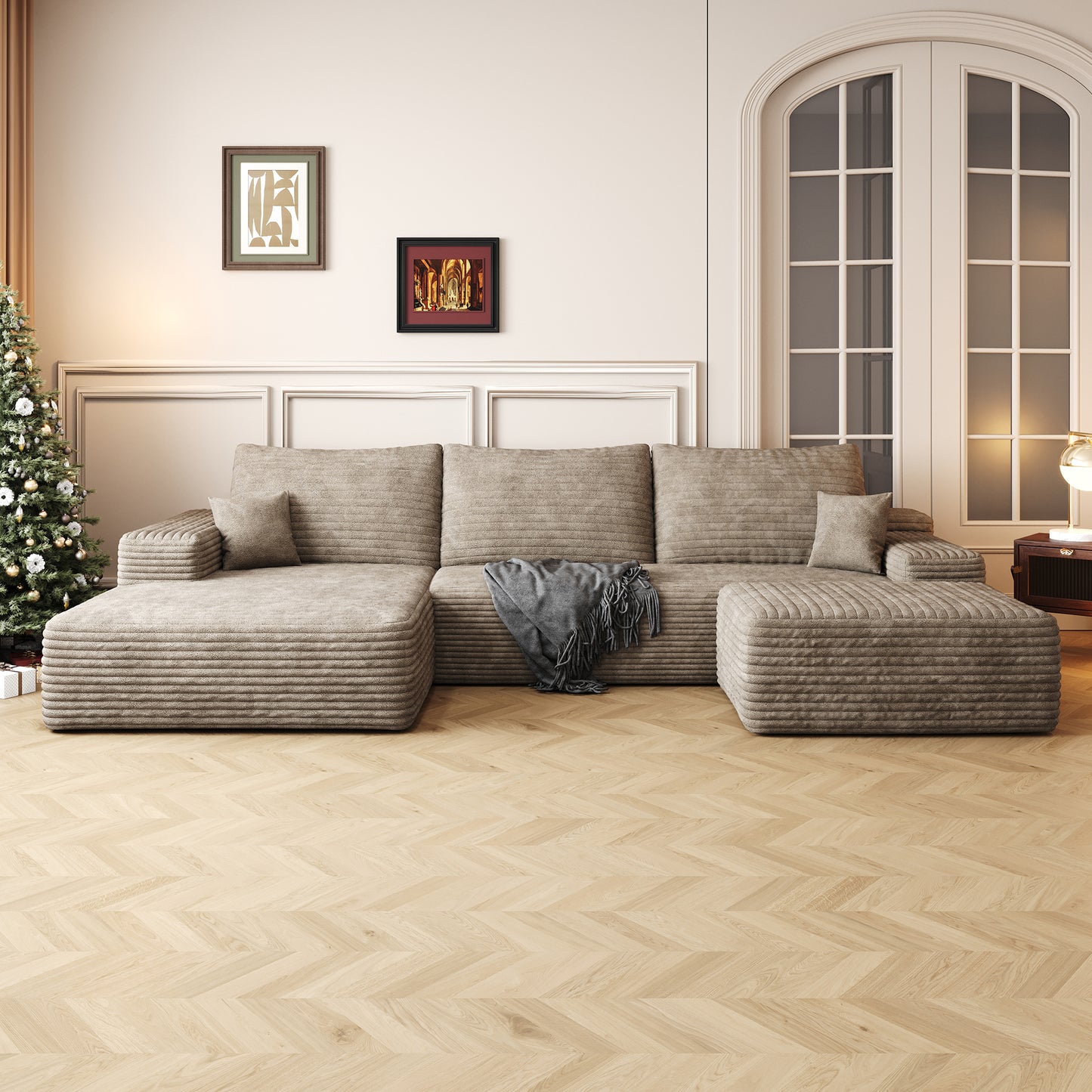 107'Cloud Sectional Sofa with 1 Ottoman,Modern Minimalist Upholstered Couches,Comfort U Shaped Sofa for Living Room,Deep Seat Corner Couch,No Assembly Required,Camel (Plush Corduroy Fabric)