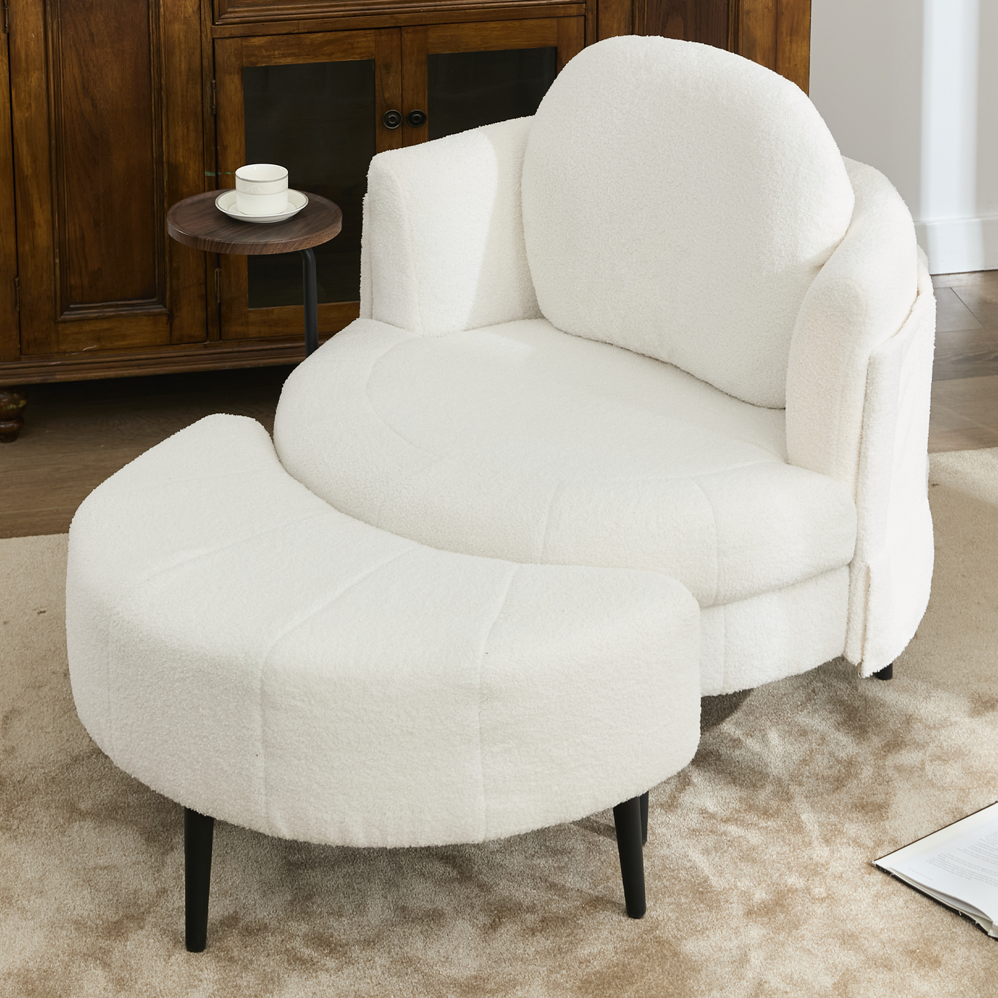 [NEW ARRIVED]  42.5' Single sofa chair,One-piece side table,With Cresent-Shaped footstool,Movable footstool,Small living room, Study,Removable Headrest,Wraparound armrests ,Lamb velvet fabric,White