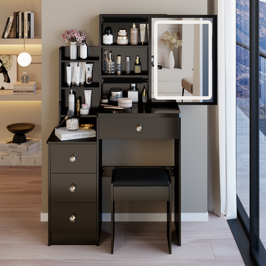 29.2' Small Size Left Bedside Cabinet Vanity Table + Cushioned Stool, Large Sliding, Touch Control, Tri-color Switching, Brightness Adjust LED Mirror, High Capacity Storage, Suitable for Small Space