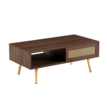 41.34' Rattan Coffee Table, Sliding Door for Storage, Solid Wood Legs, Modern Table for Living Room-Walnut