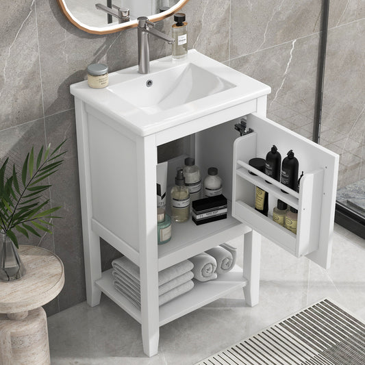 20' Bathroom Vanity with Sink, Bathroom Cabinet with Soft Closing Door, Storage Rack and Open Shelf, White