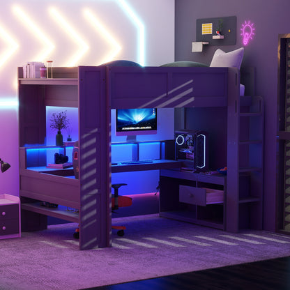 Wood Full Size Gaming Loft Bed with Desk, Multi-storage Shelves, LED and Charging Station, Dark Gray