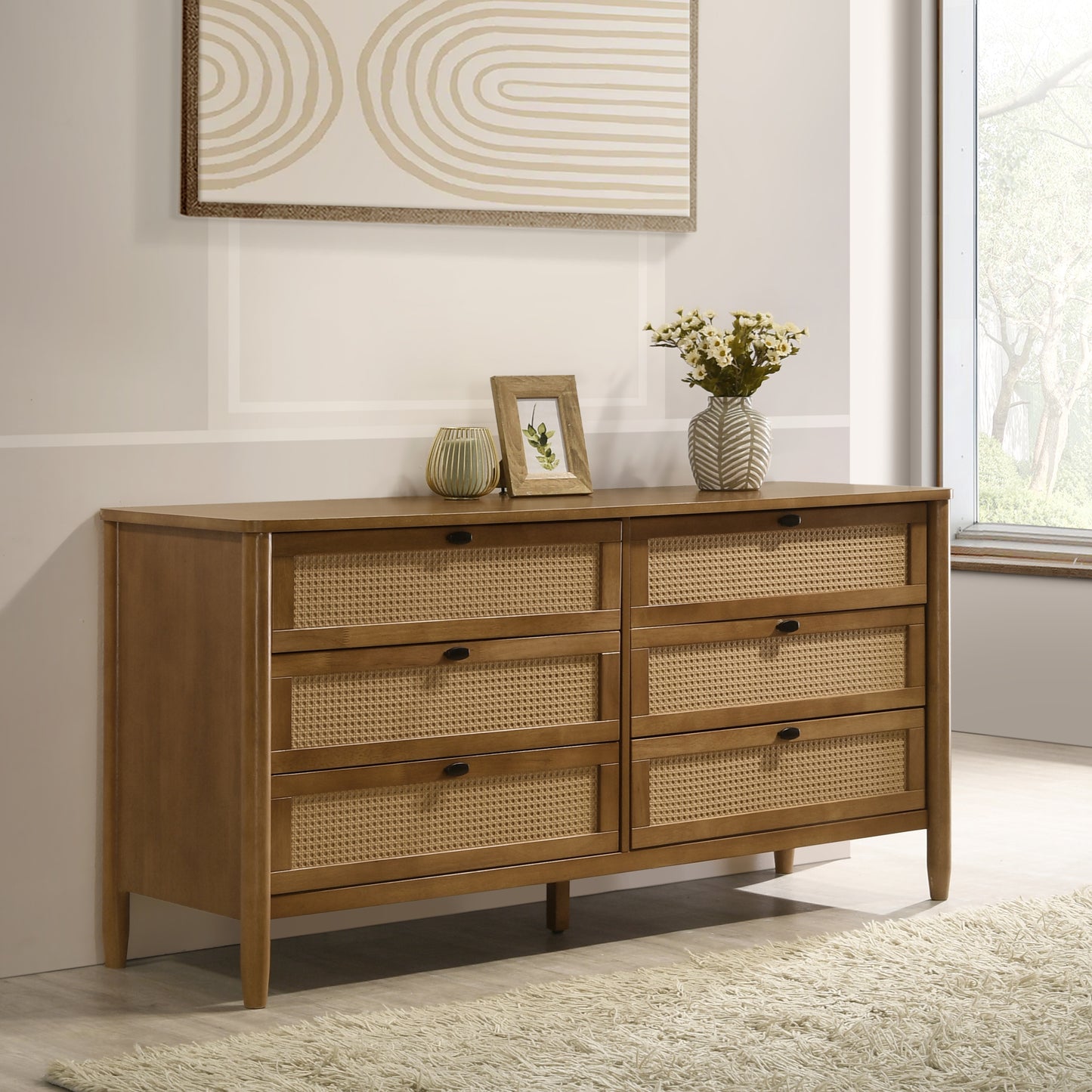 Vichy Wood and Rattan 6-Drawer Dresser