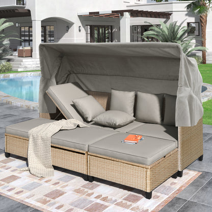 TOPMAX 4 Piece UV-Proof Resin Wicker Patio Sofa Set with Retractable Canopy, Cushions and Lifting Table,Brown