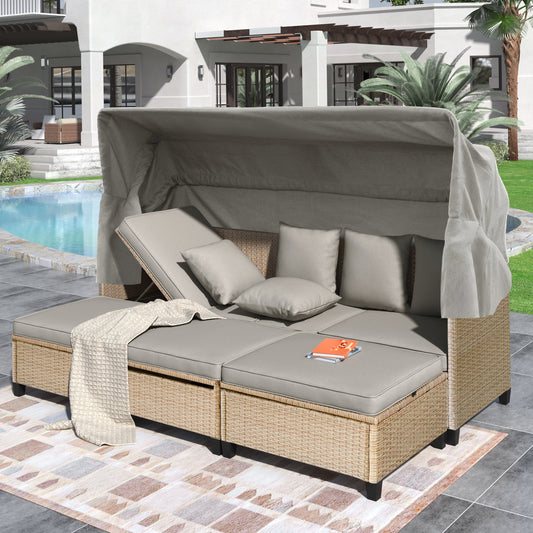 TOPMAX 4 Piece UV-Proof Resin Wicker Patio Sofa Set with Retractable Canopy, Cushions and Lifting Table,Brown