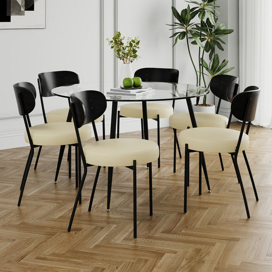 Modern simple table with a glass round table and four chairs. Transparent tempered glass countertop, black spray legs, suitable for kitchen living room dining room (set of 7)