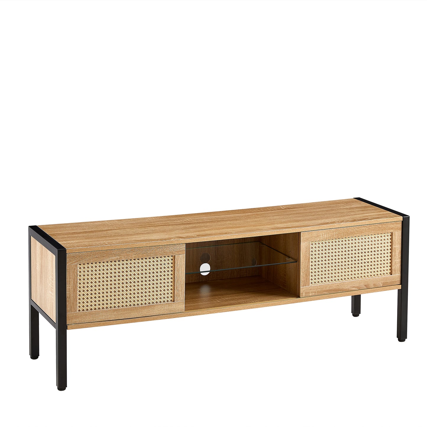 Natural Rattan TV Cabinet with Color Light Strip, Double Sliding Doors, Adjustable Shelf, Metal Legs, 54.33 Inches
