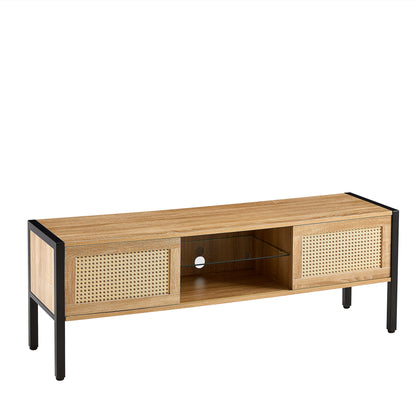 Natural Rattan TV Cabinet with Color Light Strip, Double Sliding Doors, Adjustable Shelf, Metal Legs, 54.33 Inches