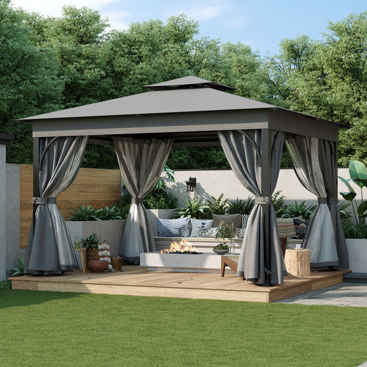 TREXM 10x12 Outdoor Gazebo Tent with Double Roofs, Patio Gazebo with Mosquito Netting and Privacy Screens, Patio Canopy for Shade and Rain for Backyard, Garden, Lawn and Deck (Grey)