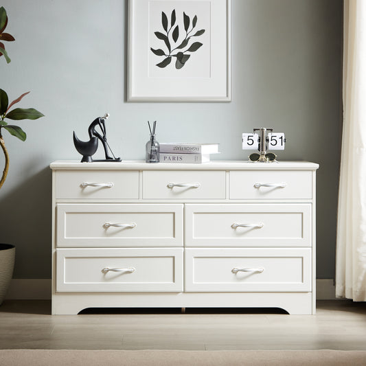 Modern 3 Drawer Bedroom Chest of Drawers with 7 Drawers Dresser, Clothes Organizer -Metal Pulls for Living Room, Bedroom, Hallway, White, 47.6″L x 15.7″W x 26.6″H