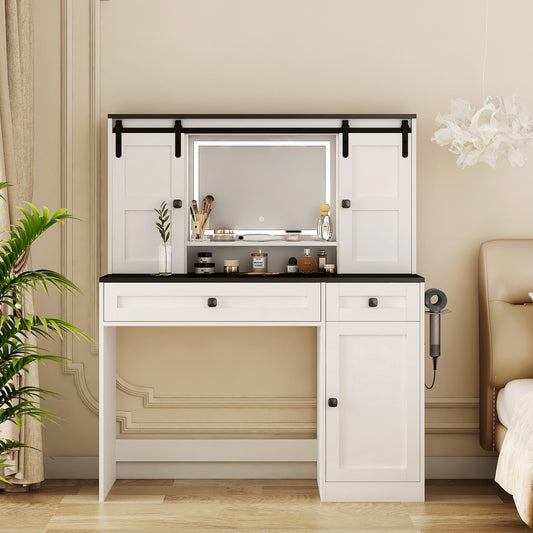 Farmhouse Dressing Table Makeup Table, 43' Wide Dressing Table with Lighted Mirror and Makeup Drawer, Large Modern Dressing Table Set with Hair Dryer Holder for Bedroom, White