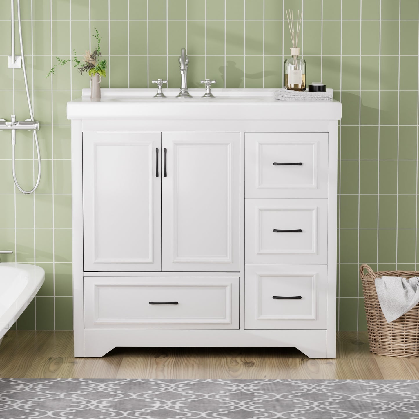 36'' Bathroom Vanities with Single Sink, Modern Under mount Bathroom Sink Cabinet with 2 Closing Doors & 4 Drawers. White, 35.8''W x 19.7''D x 35.4''H.