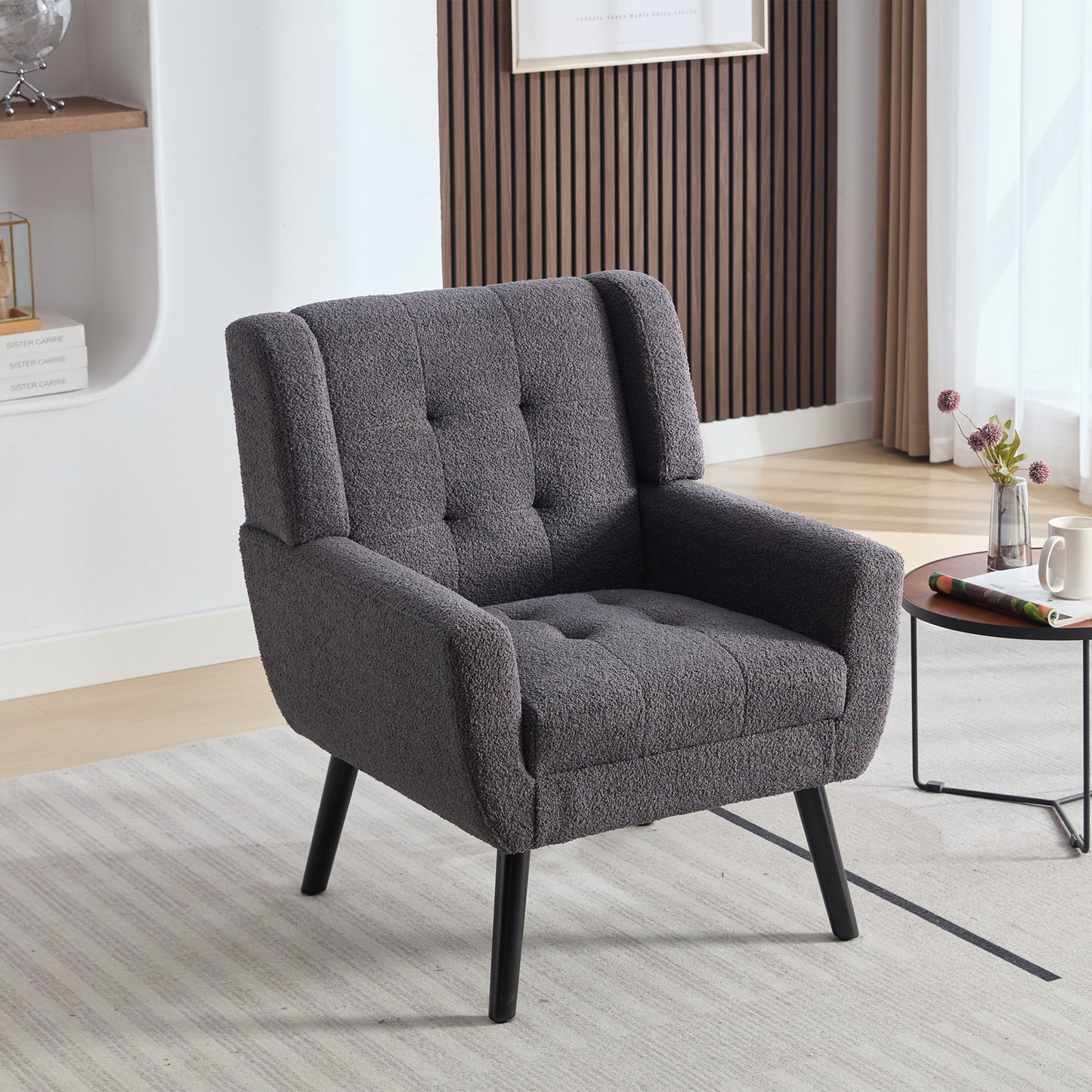 Modern Soft Teddy  Material Ergonomics Accent Chair Living Room Chair Bedroom Chair Home Chair With Black Legs For Indoor Home-Grey Teddy Fabric