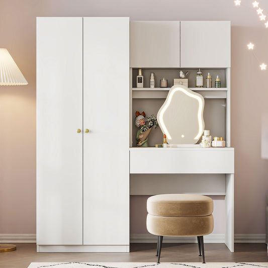 2-Door Wooden Storage Vanity Wardrobe for Bedroom with Makeup Mirror and Drawers, White